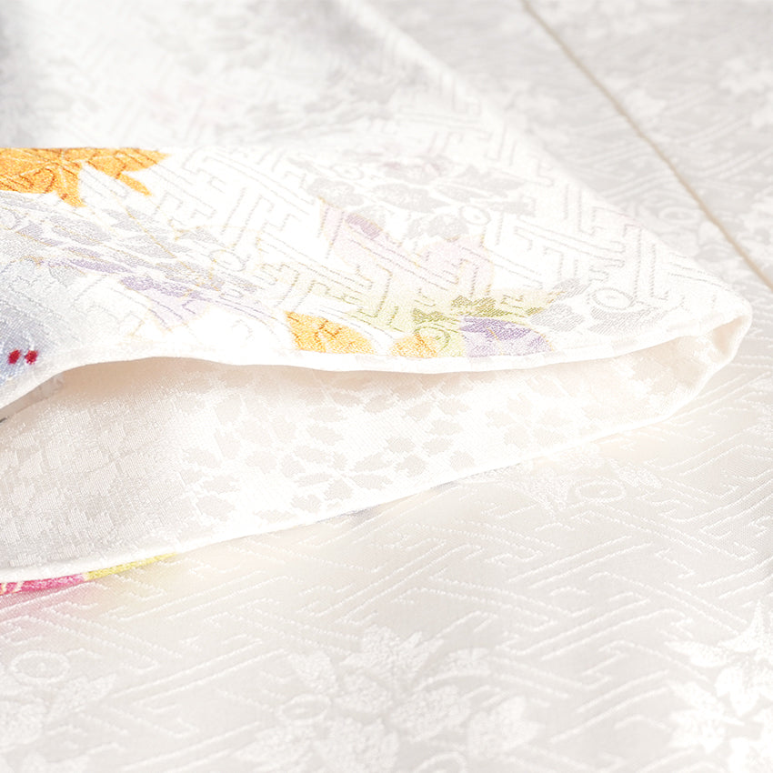 Vintage Japanese Furisode Kimono, Authentic Silk Formal Kimono Made in Japan, "Pure Harmony" – Off-White Silk Kimono with Royal Peonies & Autumn Maple