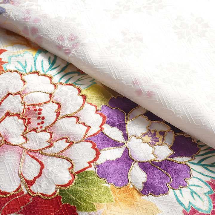 Vintage Japanese Furisode Kimono, Authentic Silk Formal Kimono Made in Japan, "Pure Harmony" – Off-White Silk Kimono with Royal Peonies & Autumn Maple