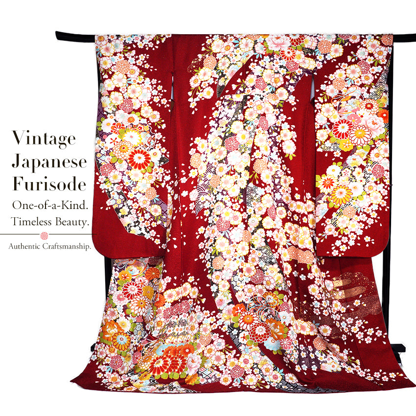 Vintage Japanese Furisode Kimono, Authentic Silk Formal Kimono Made in Japan, "Attracting Good Fortune" – Deep Crimson Silk Kimono with Lucky Mallet & Chrysanthemums