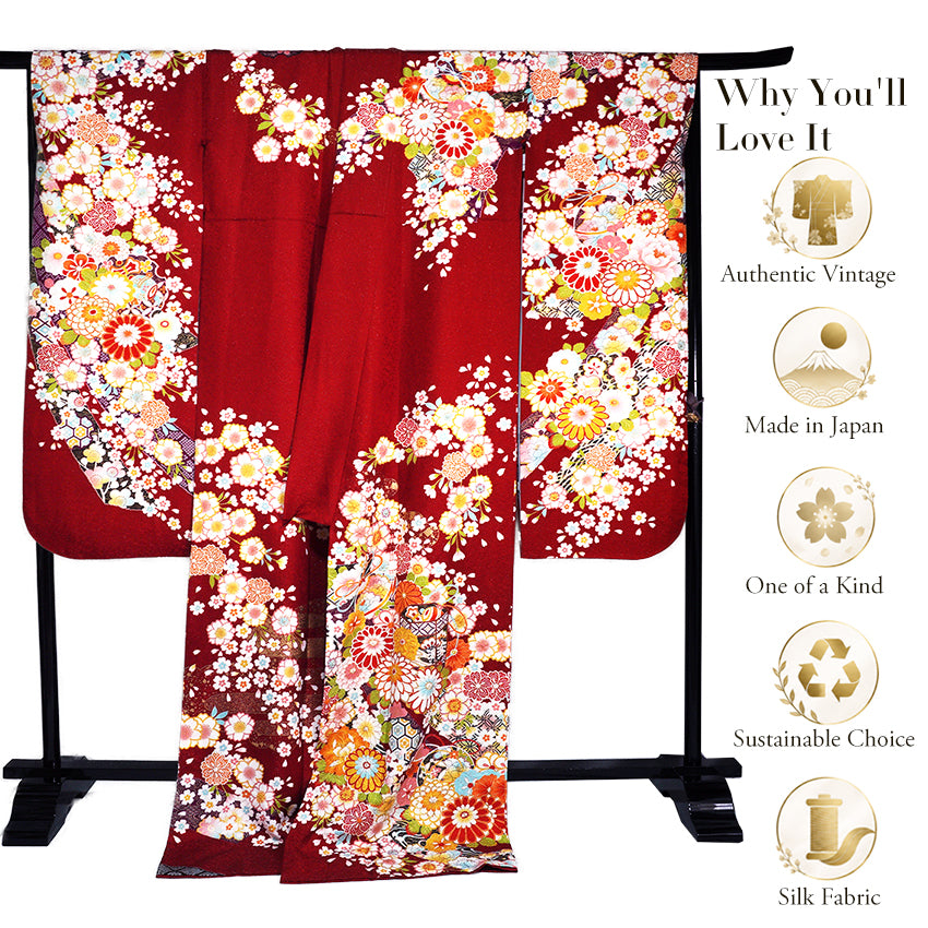 Vintage Japanese Furisode Kimono, Authentic Silk Formal Kimono Made in Japan, "Attracting Good Fortune" – Deep Crimson Silk Kimono with Lucky Mallet & Chrysanthemums