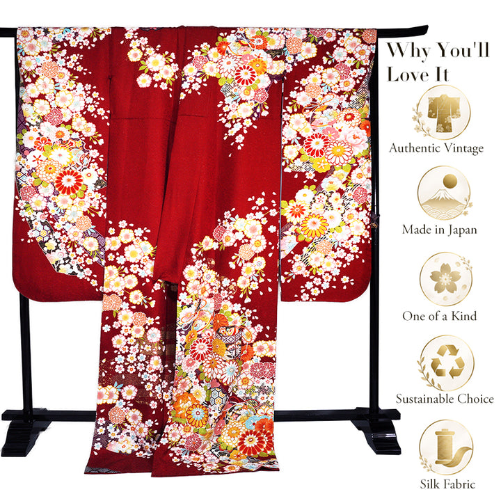 Vintage Japanese Furisode Kimono, Authentic Silk Formal Kimono Made in Japan, "Attracting Good Fortune" – Deep Crimson Silk Kimono with Lucky Mallet & Chrysanthemums