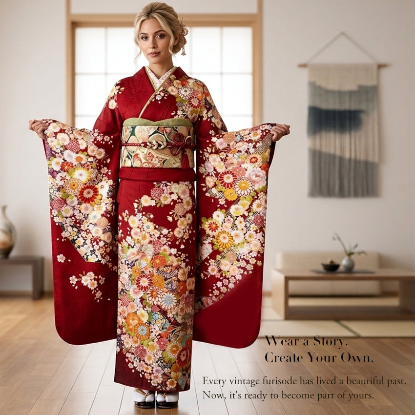 Vintage Japanese Furisode Kimono, Authentic Silk Formal Kimono Made in Japan, "Attracting Good Fortune" – Deep Crimson Silk Kimono with Lucky Mallet & Chrysanthemums