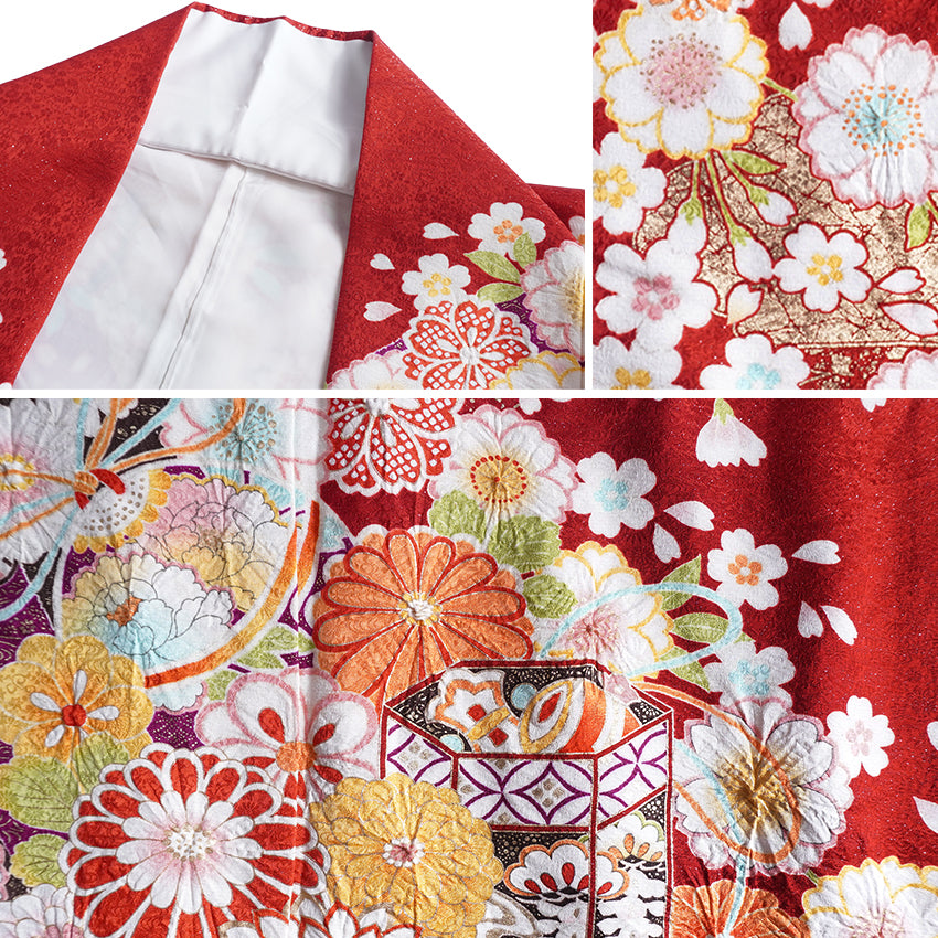 Vintage Japanese Furisode Kimono, Authentic Silk Formal Kimono Made in Japan, "Attracting Good Fortune" – Deep Crimson Silk Kimono with Lucky Mallet & Chrysanthemums