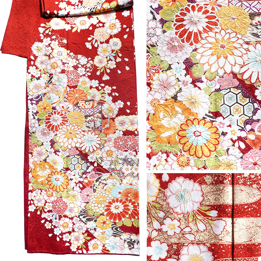 Vintage Japanese Furisode Kimono, Authentic Silk Formal Kimono Made in Japan, "Attracting Good Fortune" – Deep Crimson Silk Kimono with Lucky Mallet & Chrysanthemums