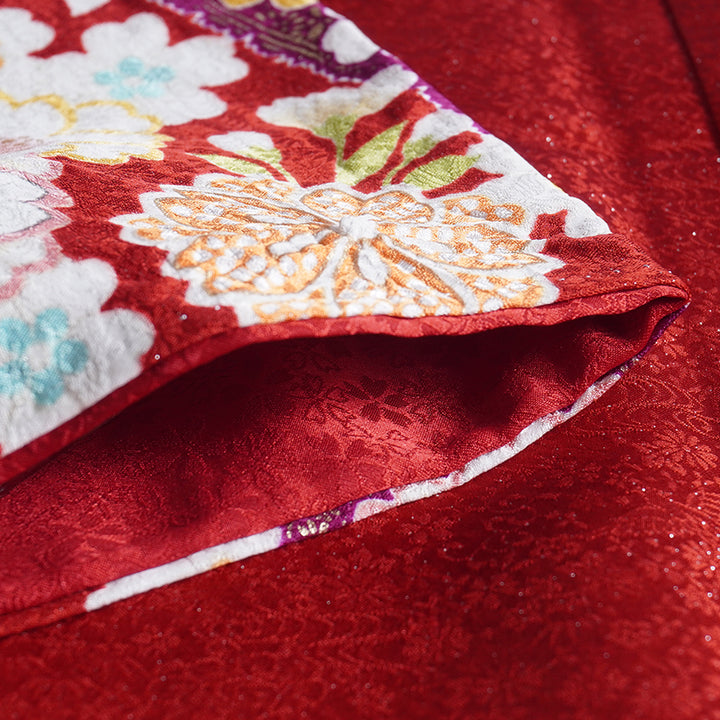 Vintage Japanese Furisode Kimono, Authentic Silk Formal Kimono Made in Japan, "Attracting Good Fortune" – Deep Crimson Silk Kimono with Lucky Mallet & Chrysanthemums