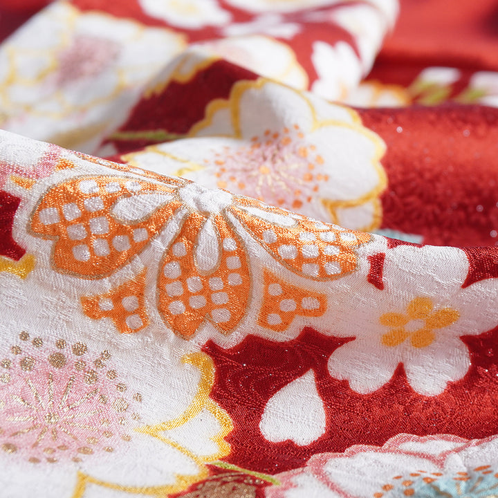 Vintage Japanese Furisode Kimono, Authentic Silk Formal Kimono Made in Japan, "Attracting Good Fortune" – Deep Crimson Silk Kimono with Lucky Mallet & Chrysanthemums