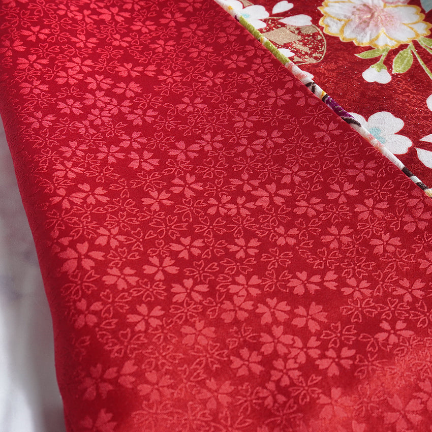 Vintage Japanese Furisode Kimono, Authentic Silk Formal Kimono Made in Japan, "Attracting Good Fortune" – Deep Crimson Silk Kimono with Lucky Mallet & Chrysanthemums