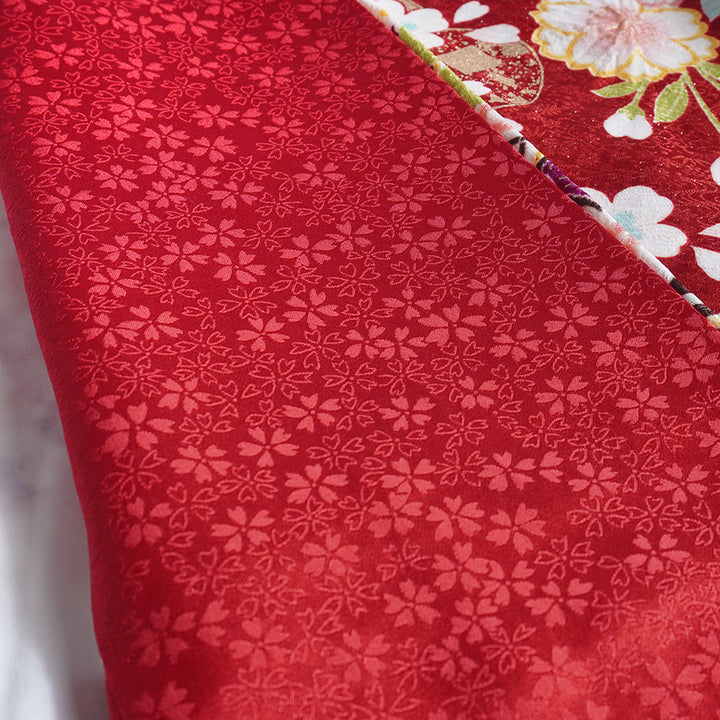 Vintage Japanese Furisode Kimono, Authentic Silk Formal Kimono Made in Japan, "Attracting Good Fortune" – Deep Crimson Silk Kimono with Lucky Mallet & Chrysanthemums