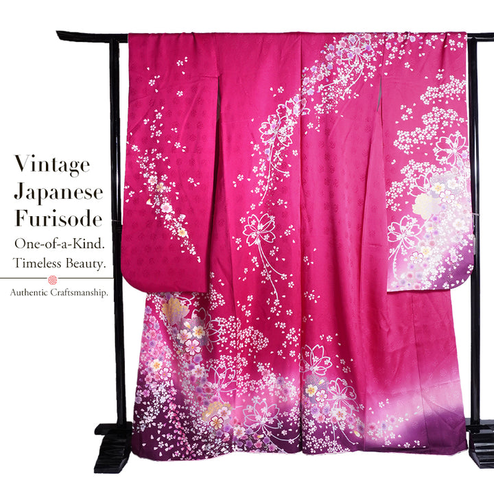 Vintage Japanese Furisode Kimono, Authentic Silk Formal Kimono Made in Japan, "Blossom Dream" – Vibrant Magenta Silk Kimono with Cloud & Cherry Blossom Weave