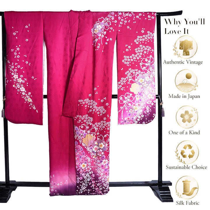 Vintage Japanese Furisode Kimono, Authentic Silk Formal Kimono Made in Japan, "Blossom Dream" – Vibrant Magenta Silk Kimono with Cloud & Cherry Blossom Weave