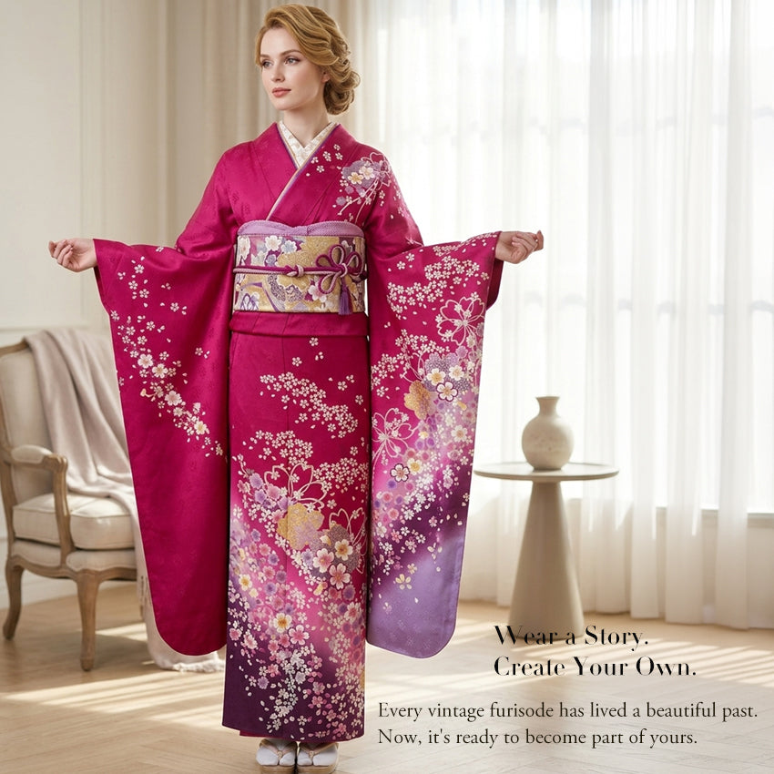 Vintage Japanese Furisode Kimono, Authentic Silk Formal Kimono Made in Japan, "Blossom Dream" – Vibrant Magenta Silk Kimono with Cloud & Cherry Blossom Weave