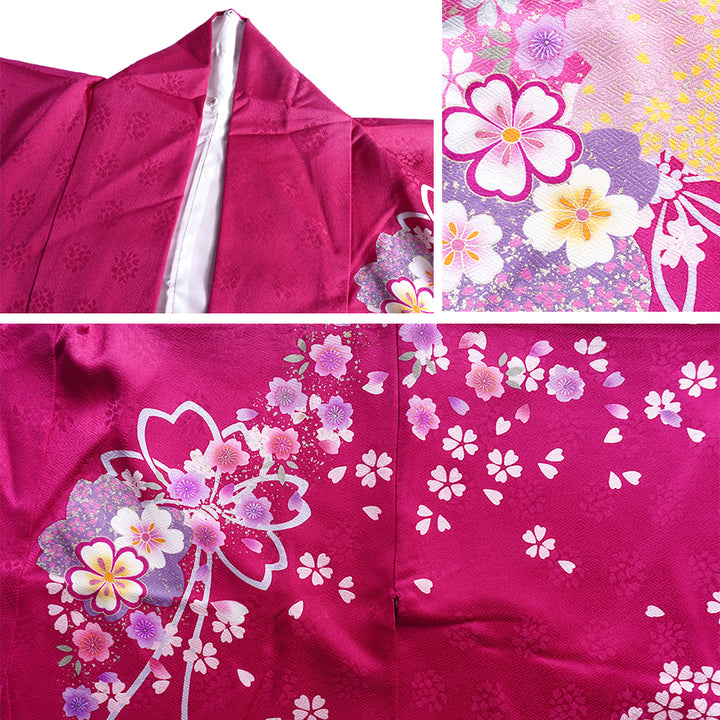 Vintage Japanese Furisode Kimono, Authentic Silk Formal Kimono Made in Japan, "Blossom Dream" – Vibrant Magenta Silk Kimono with Cloud & Cherry Blossom Weave
