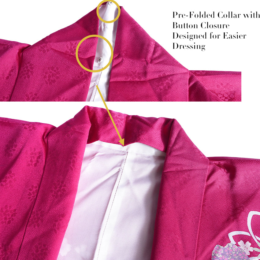 Vintage Japanese Furisode Kimono, Authentic Silk Formal Kimono Made in Japan, "Blossom Dream" – Vibrant Magenta Silk Kimono with Cloud & Cherry Blossom Weave