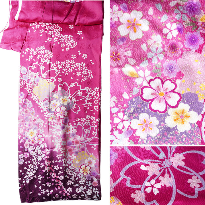 Vintage Japanese Furisode Kimono, Authentic Silk Formal Kimono Made in Japan, "Blossom Dream" – Vibrant Magenta Silk Kimono with Cloud & Cherry Blossom Weave
