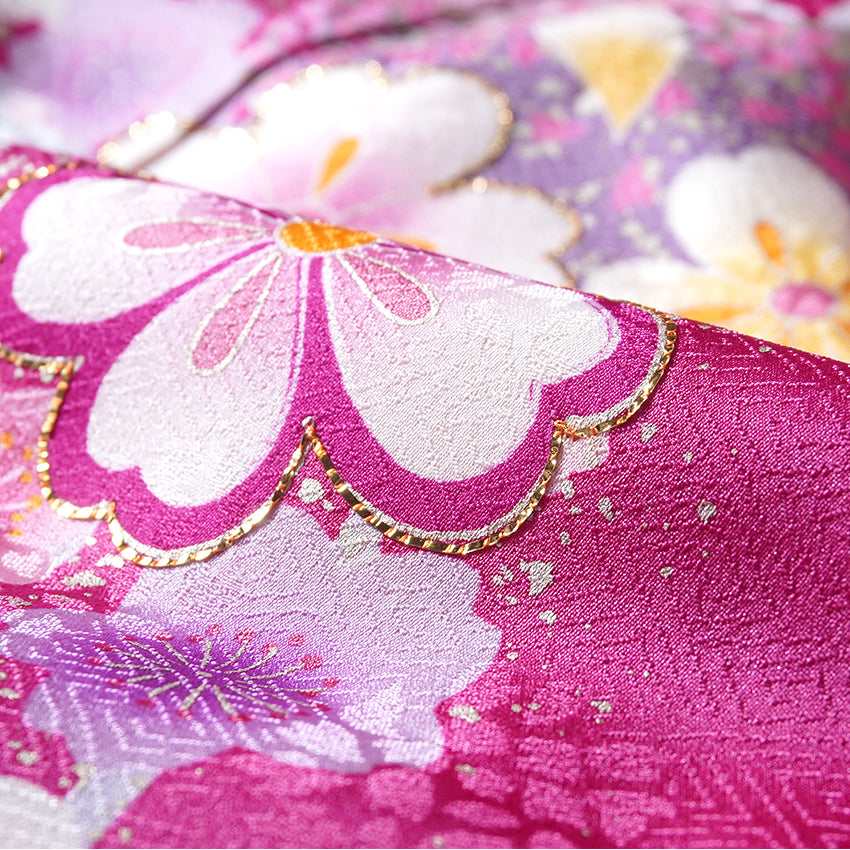 Vintage Japanese Furisode Kimono, Authentic Silk Formal Kimono Made in Japan, "Blossom Dream" – Vibrant Magenta Silk Kimono with Cloud & Cherry Blossom Weave