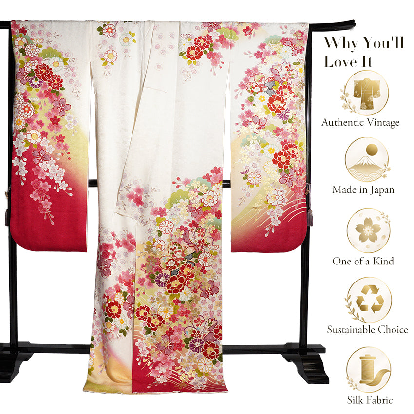 Vintage Japanese Furisode Kimono, Authentic Silk Formal Kimono Made in Japan, "Noble Spirit" — An off-white silk kimono featuring a design of pine branches and cherry blossoms.