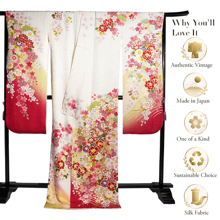 Vintage Japanese Furisode Kimono, Authentic Silk Formal Kimono Made in Japan, "Noble Spirit" — An off-white silk kimono featuring a design of pine branches and cherry blossoms.
