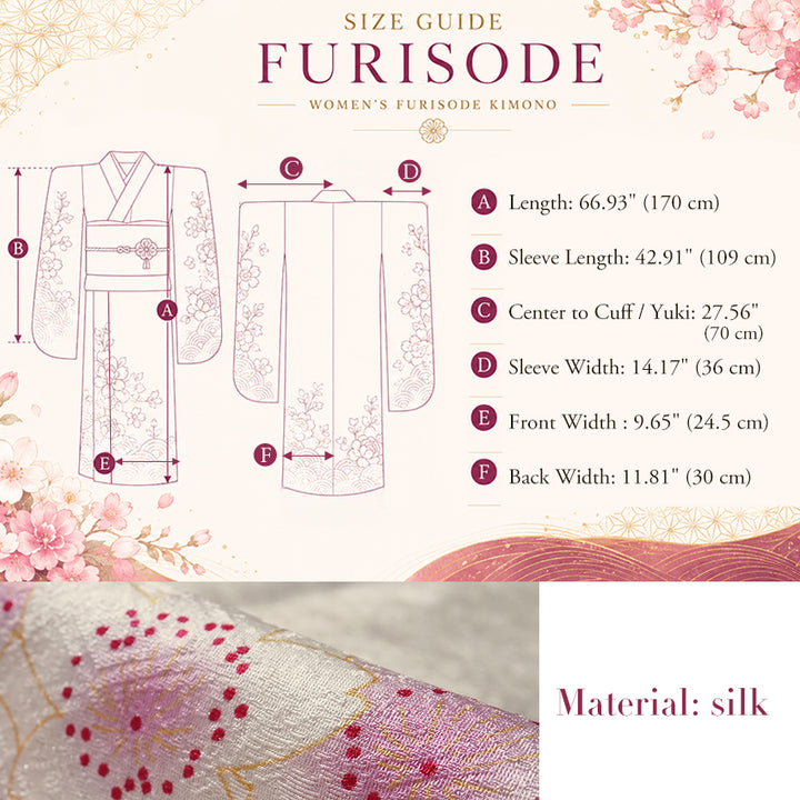 Vintage Japanese Furisode Kimono, Authentic Silk Formal Kimono Made in Japan, "Noble Spirit" — An off-white silk kimono featuring a design of pine branches and cherry blossoms.