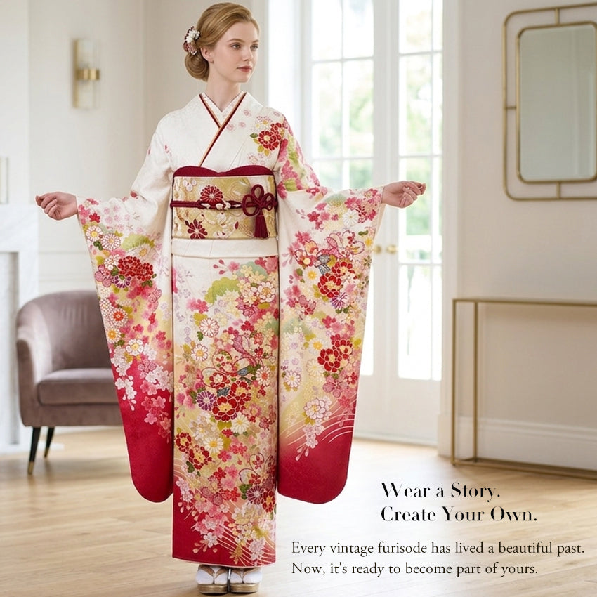 Vintage Japanese Furisode Kimono, Authentic Silk Formal Kimono Made in Japan, "Noble Spirit" — An off-white silk kimono featuring a design of pine branches and cherry blossoms.