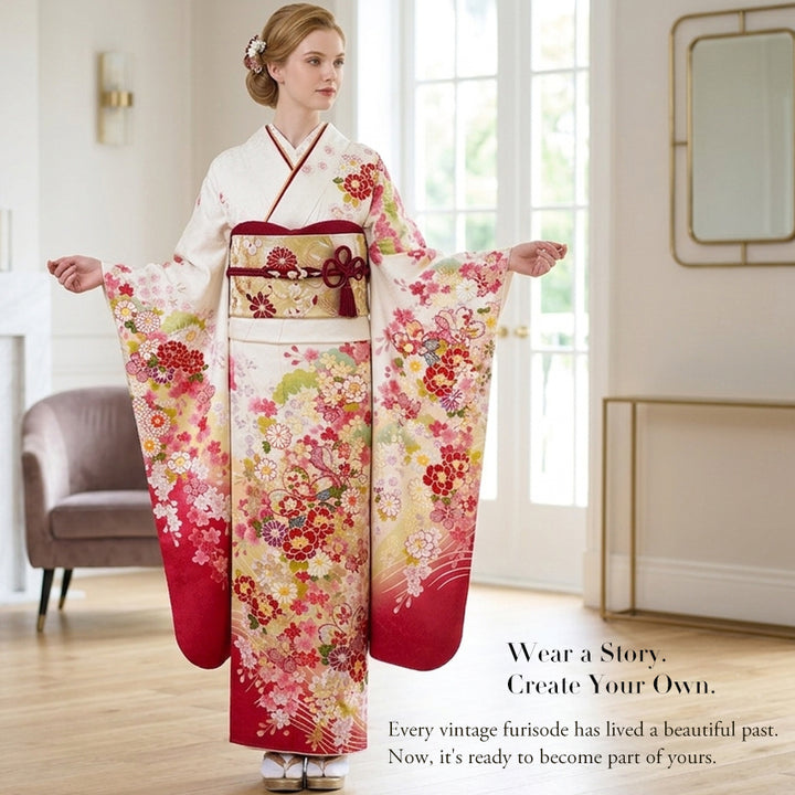Vintage Japanese Furisode Kimono, Authentic Silk Formal Kimono Made in Japan, "Noble Spirit" — An off-white silk kimono featuring a design of pine branches and cherry blossoms.