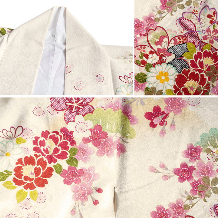 Vintage Japanese Furisode Kimono, Authentic Silk Formal Kimono Made in Japan, "Noble Spirit" — An off-white silk kimono featuring a design of pine branches and cherry blossoms.