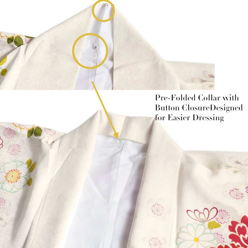 Vintage Japanese Furisode Kimono, Authentic Silk Formal Kimono Made in Japan, "Noble Spirit" — An off-white silk kimono featuring a design of pine branches and cherry blossoms.