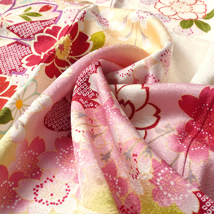 Vintage Japanese Furisode Kimono, Authentic Silk Formal Kimono Made in Japan, "Noble Spirit" — An off-white silk kimono featuring a design of pine branches and cherry blossoms.