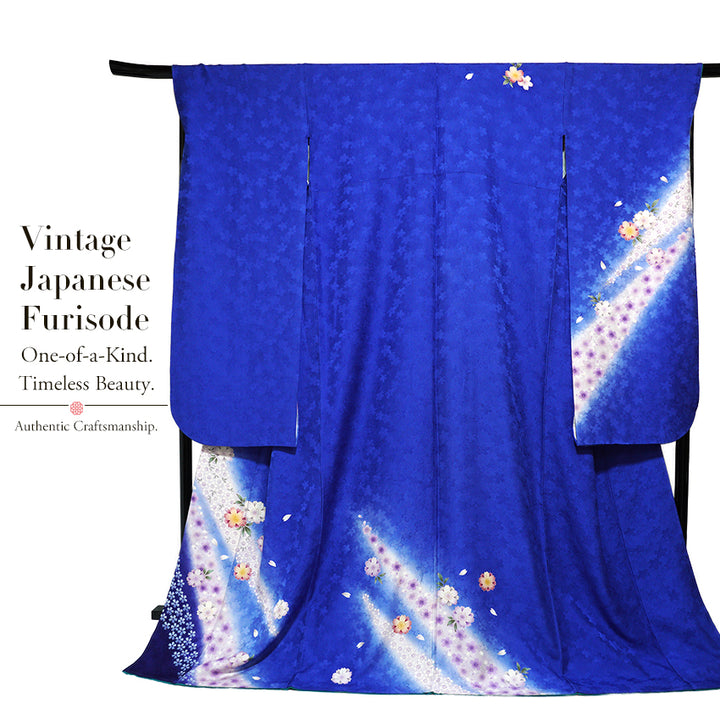 Vintage Japanese Furisode Kimono, Authentic Silk Formal Kimono Made in Japan, "Midnight Sakura" – Ocean Blue Silk Kimono with Layered Cherry Blossom Weave