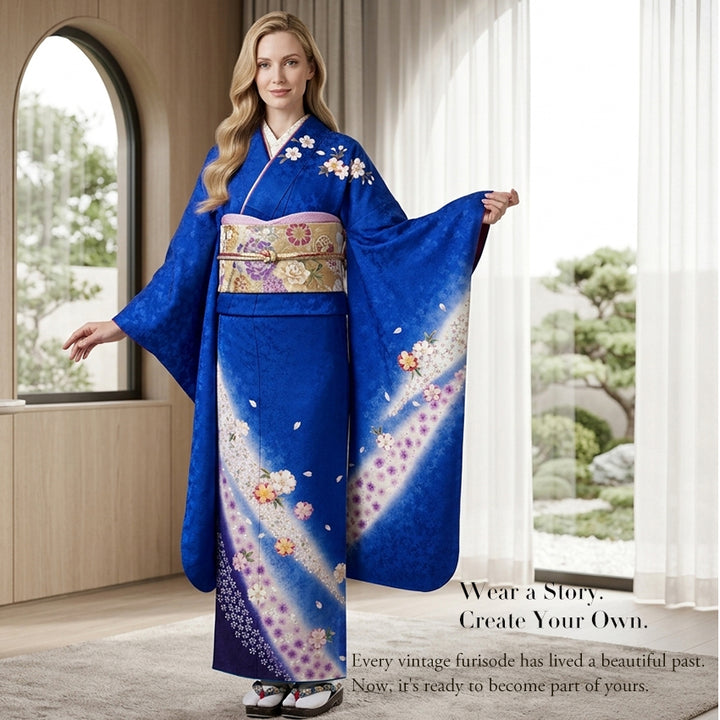 Vintage Japanese Furisode Kimono, Authentic Silk Formal Kimono Made in Japan, "Midnight Sakura" – Ocean Blue Silk Kimono with Layered Cherry Blossom Weave