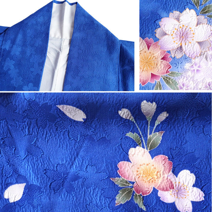 Vintage Japanese Furisode Kimono, Authentic Silk Formal Kimono Made in Japan, "Midnight Sakura" – Ocean Blue Silk Kimono with Layered Cherry Blossom Weave