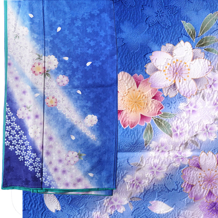 Vintage Japanese Furisode Kimono, Authentic Silk Formal Kimono Made in Japan, "Midnight Sakura" – Ocean Blue Silk Kimono with Layered Cherry Blossom Weave