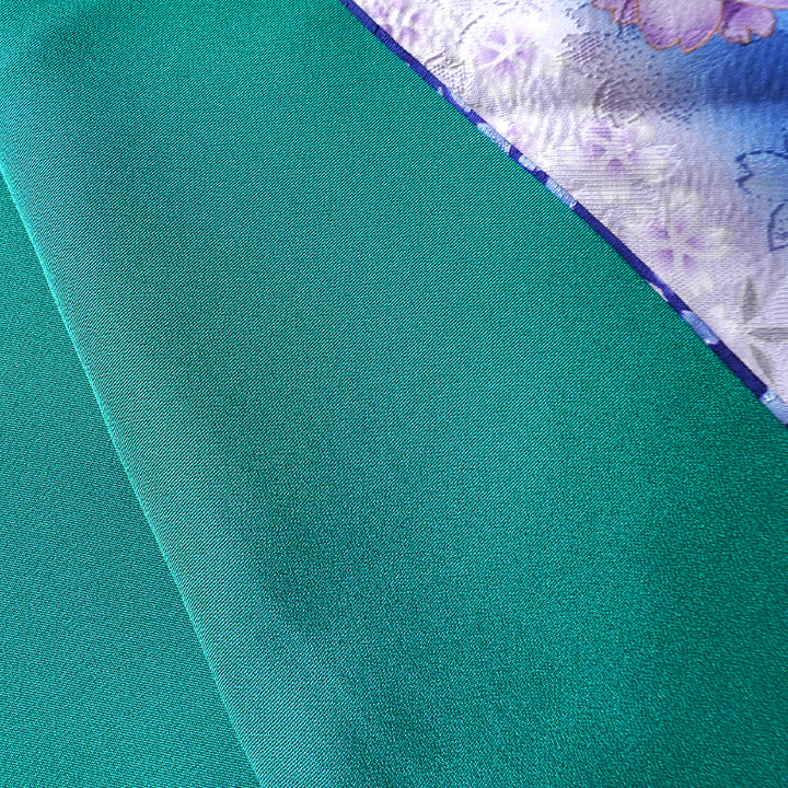 Vintage Japanese Furisode Kimono, Authentic Silk Formal Kimono Made in Japan, "Midnight Sakura" – Ocean Blue Silk Kimono with Layered Cherry Blossom Weave