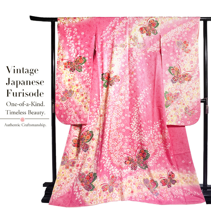 Vintage Japanese Furisode Kimono, Authentic Silk Formal Kimono Made in Japan, "Blushing Butterfly" – Romantic Pink Silk Kimono with Shimmering Butterflies