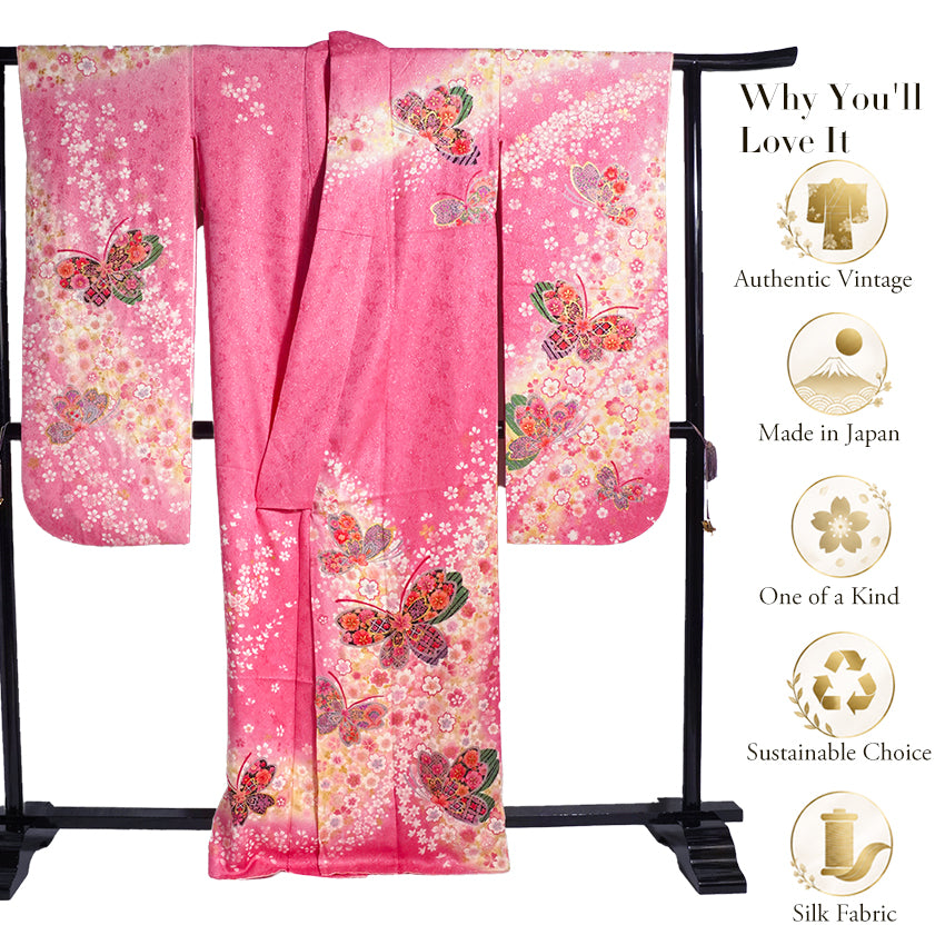 Vintage Japanese Furisode Kimono, Authentic Silk Formal Kimono Made in Japan, "Blushing Butterfly" – Romantic Pink Silk Kimono with Shimmering Butterflies