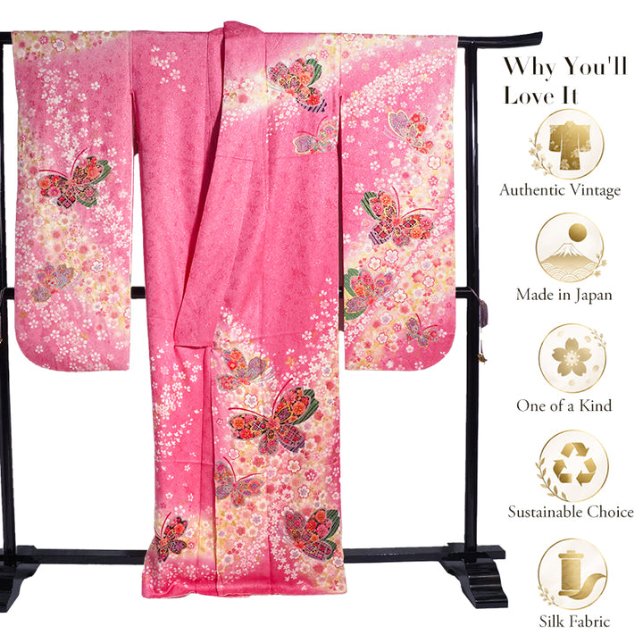 Vintage Japanese Furisode Kimono, Authentic Silk Formal Kimono Made in Japan, "Blushing Butterfly" – Romantic Pink Silk Kimono with Shimmering Butterflies