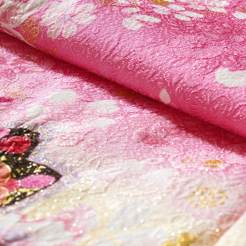 Vintage Japanese Furisode Kimono, Authentic Silk Formal Kimono Made in Japan, "Blushing Butterfly" – Romantic Pink Silk Kimono with Shimmering Butterflies