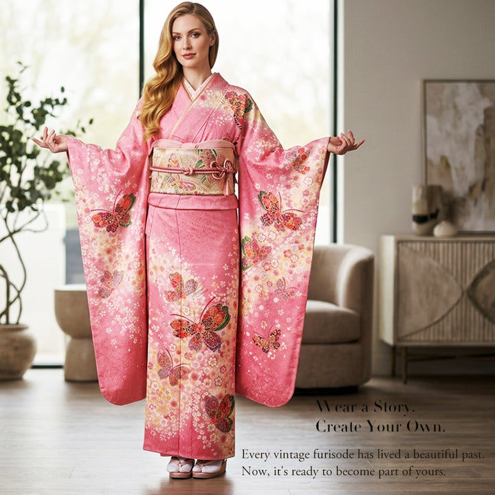 Vintage Japanese Furisode Kimono, Authentic Silk Formal Kimono Made in Japan, "Blushing Butterfly" – Romantic Pink Silk Kimono with Shimmering Butterflies