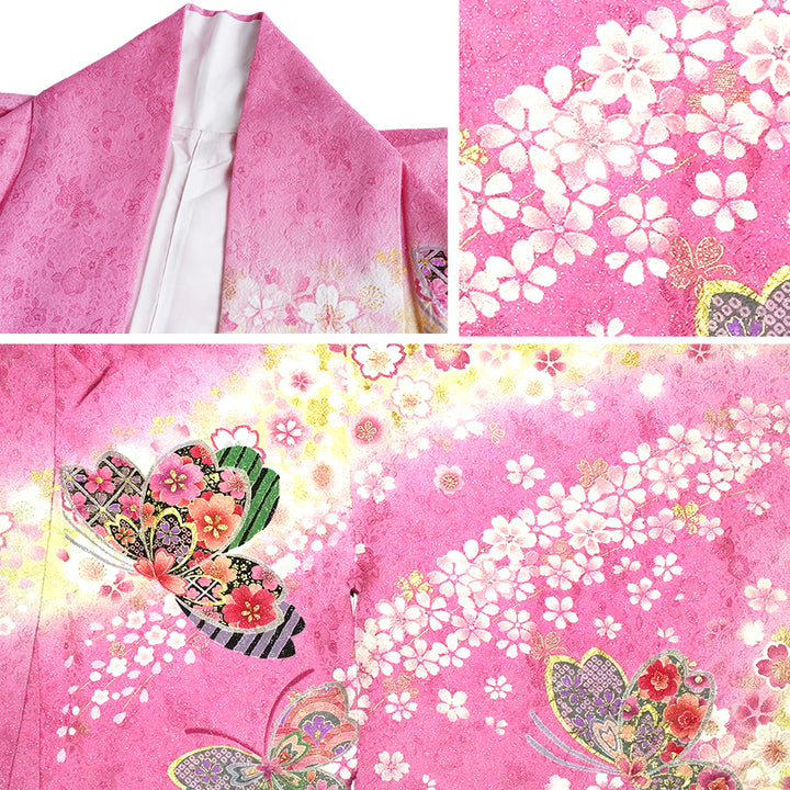 Vintage Japanese Furisode Kimono, Authentic Silk Formal Kimono Made in Japan, "Blushing Butterfly" – Romantic Pink Silk Kimono with Shimmering Butterflies