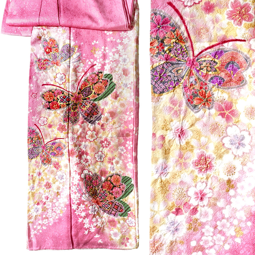 Vintage Japanese Furisode Kimono, Authentic Silk Formal Kimono Made in Japan, "Blushing Butterfly" – Romantic Pink Silk Kimono with Shimmering Butterflies
