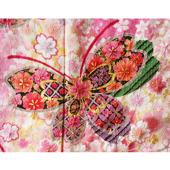 Vintage Japanese Furisode Kimono, Authentic Silk Formal Kimono Made in Japan, "Blushing Butterfly" – Romantic Pink Silk Kimono with Shimmering Butterflies