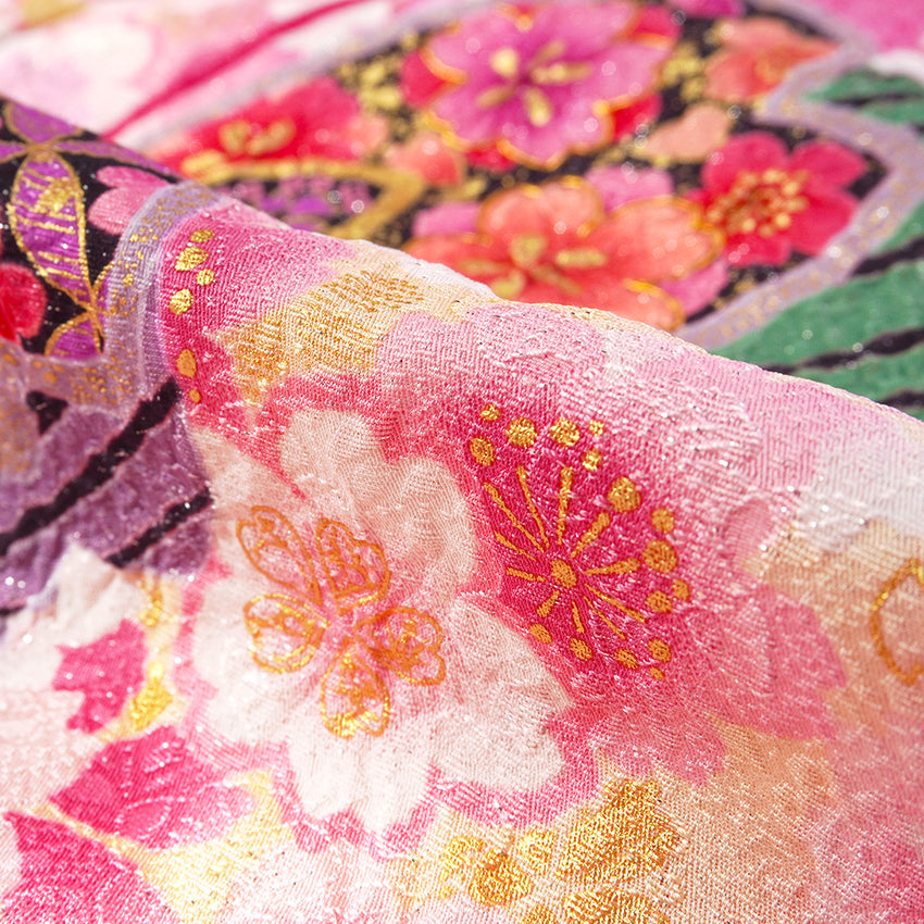 Vintage Japanese Furisode Kimono, Authentic Silk Formal Kimono Made in Japan, "Blushing Butterfly" – Romantic Pink Silk Kimono with Shimmering Butterflies