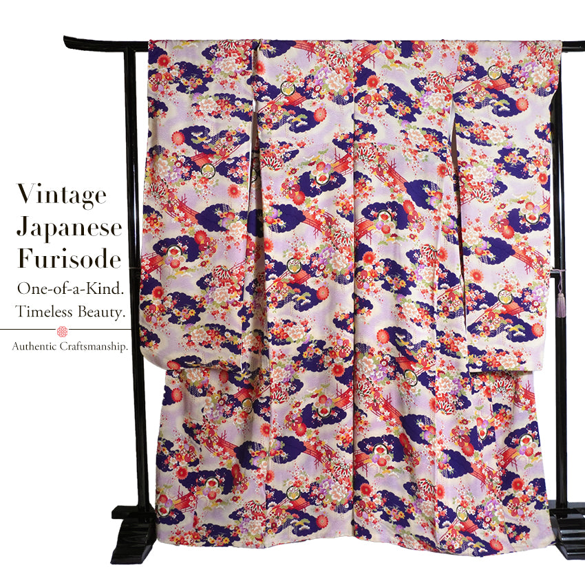 Vintage Japanese Furisode Kimono, Authentic Silk Formal Kimono Made in Japan, "Lavender Majesty" – Soft Purple Chirimen Crepe Kimono with Waves, Peony & Chrysanthemum
