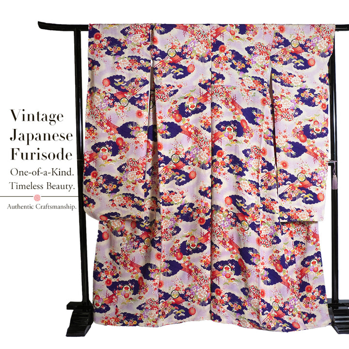Vintage Japanese Furisode Kimono, Authentic Silk Formal Kimono Made in Japan, "Lavender Majesty" – Soft Purple Chirimen Crepe Kimono with Waves, Peony & Chrysanthemum