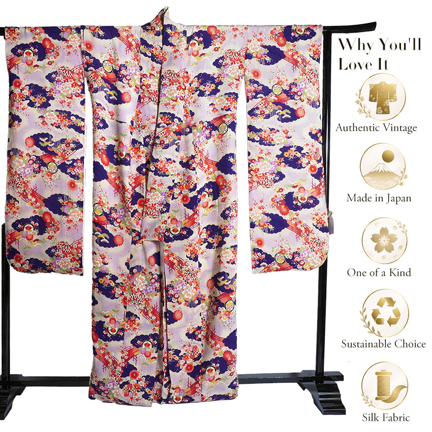 Vintage Japanese Furisode Kimono, Authentic Silk Formal Kimono Made in Japan, "Lavender Majesty" – Soft Purple Chirimen Crepe Kimono with Waves, Peony & Chrysanthemum