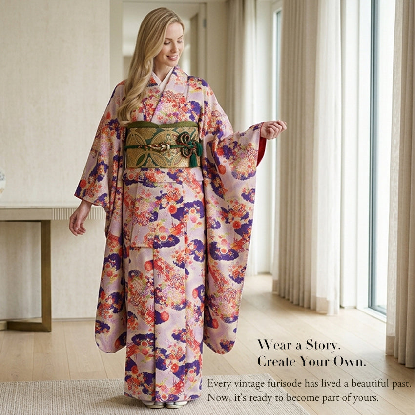 Vintage Japanese Furisode Kimono, Authentic Silk Formal Kimono Made in Japan, "Lavender Majesty" – Soft Purple Chirimen Crepe Kimono with Waves, Peony & Chrysanthemum