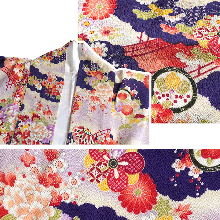 Vintage Japanese Furisode Kimono, Authentic Silk Formal Kimono Made in Japan, "Lavender Majesty" – Soft Purple Chirimen Crepe Kimono with Waves, Peony & Chrysanthemum