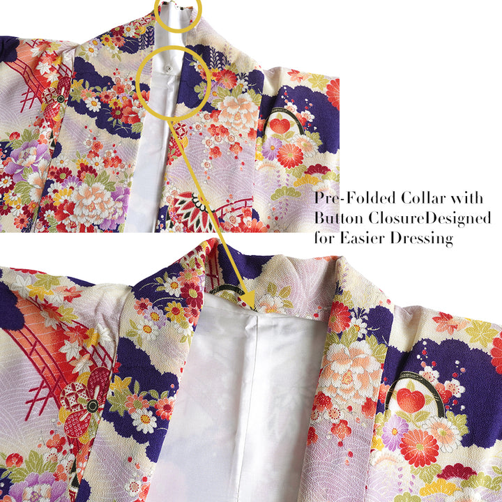 Vintage Japanese Furisode Kimono, Authentic Silk Formal Kimono Made in Japan, "Lavender Majesty" – Soft Purple Chirimen Crepe Kimono with Waves, Peony & Chrysanthemum