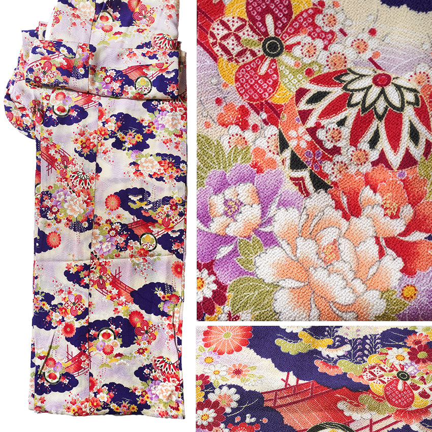 Vintage Japanese Furisode Kimono, Authentic Silk Formal Kimono Made in Japan, "Lavender Majesty" – Soft Purple Chirimen Crepe Kimono with Waves, Peony & Chrysanthemum