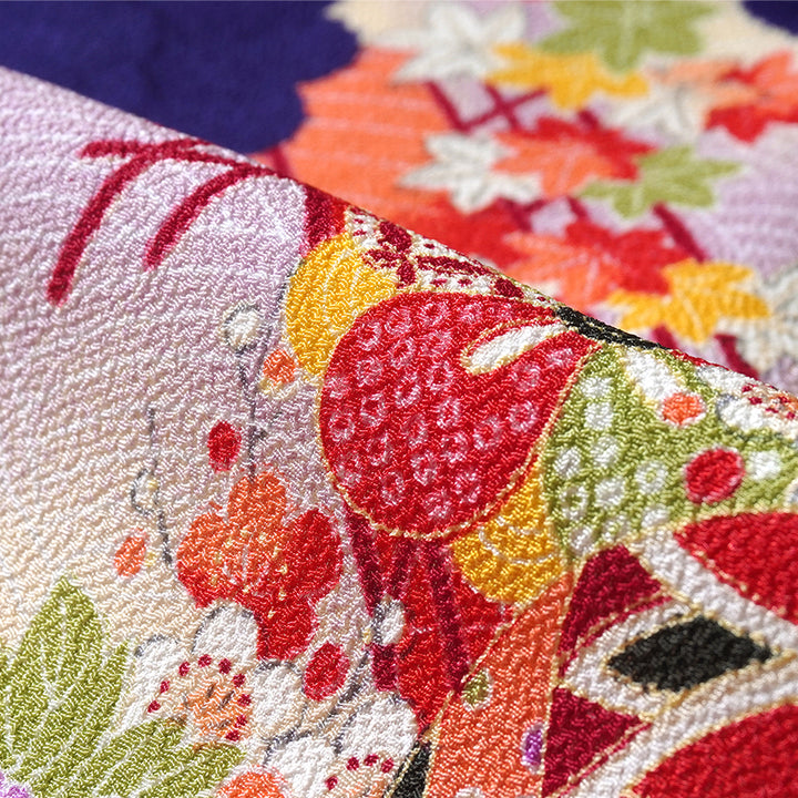 Vintage Japanese Furisode Kimono, Authentic Silk Formal Kimono Made in Japan, "Lavender Majesty" – Soft Purple Chirimen Crepe Kimono with Waves, Peony & Chrysanthemum