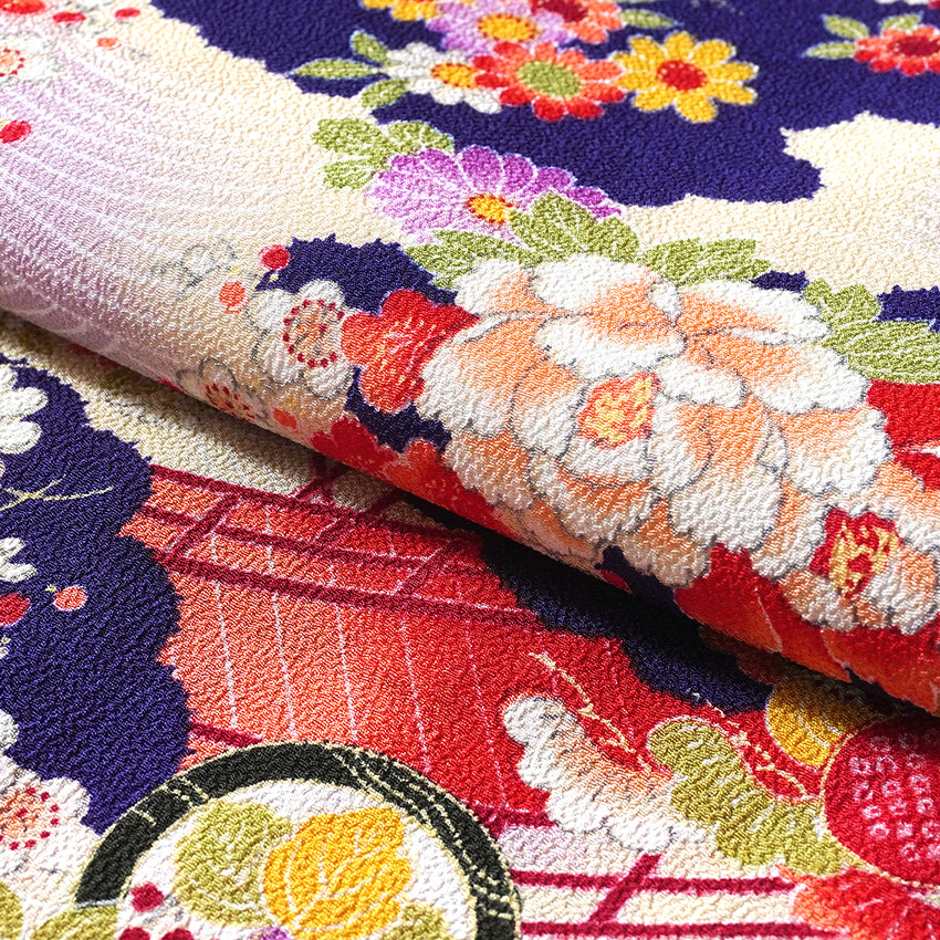 Vintage Japanese Furisode Kimono, Authentic Silk Formal Kimono Made in Japan, "Lavender Majesty" – Soft Purple Chirimen Crepe Kimono with Waves, Peony & Chrysanthemum